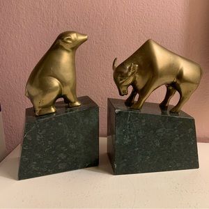 Vintage bull & bear brass marble bookends lawyer gift
